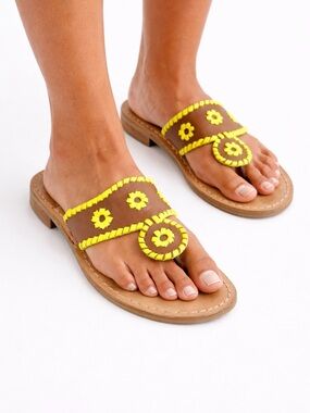 Jack Rogers Leather Sandals Size 7 – Brown & Neon Yellow Floral Thong Slides